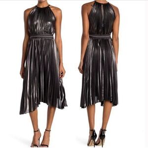 Bailey 44 Women Madison Metallic Micro Pleated Asymmetrical Halter Dress‎ Sz 6